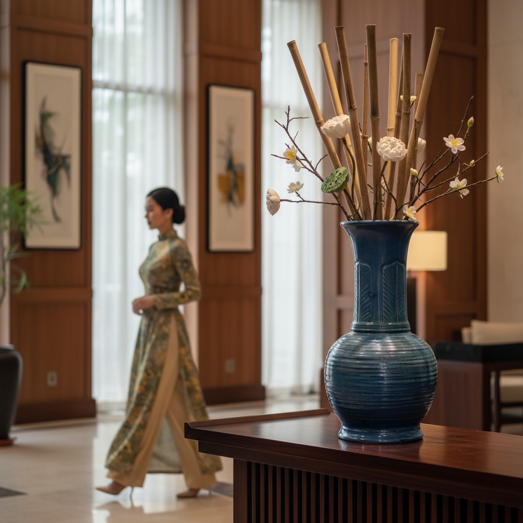 Sảnh khách sạn boutique kiến trúc Việt hiện đại...