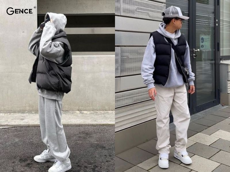 Kết hợp áo phao gile cùng quần jogger năng động