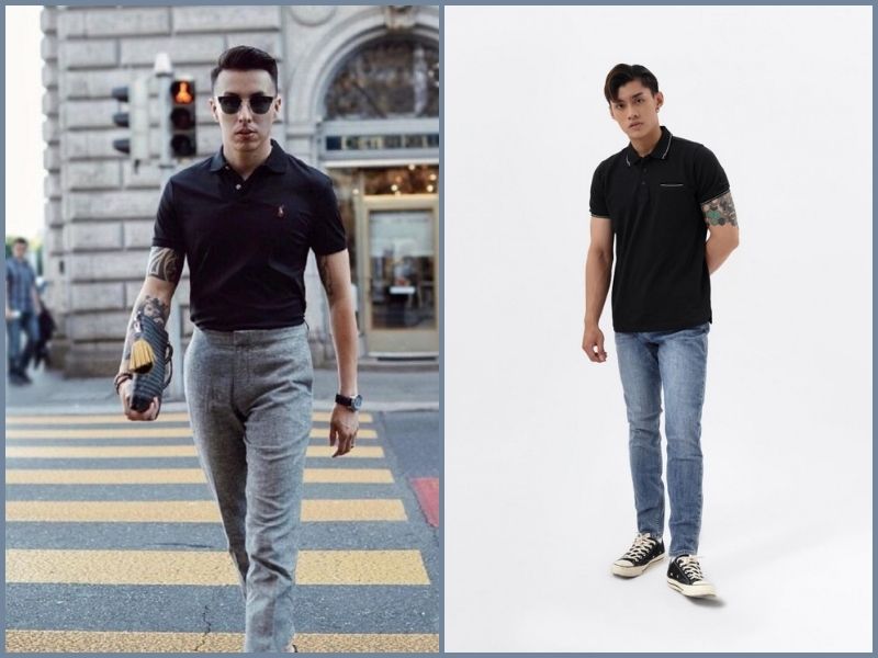 phối đồ với áo polo đen nam