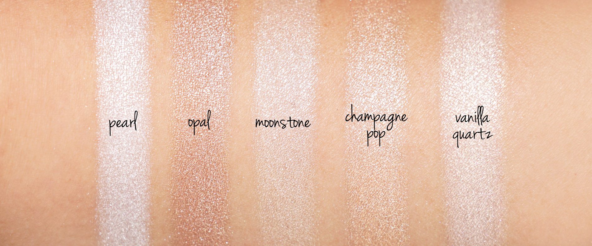 Becca Shimmering Skin Perfector Pressed Topaz, Dreamsicle, Bronzed Amber, Chocolate Geode and Gradient Glow swatches