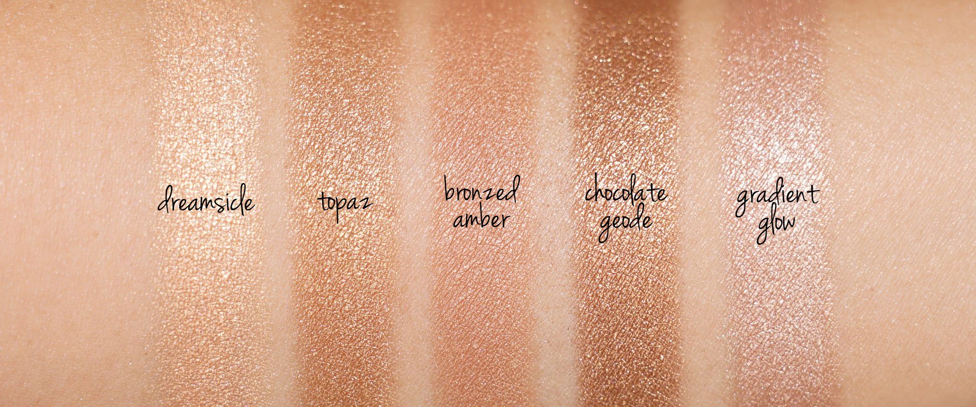 Becca Shimmering Skin Perfector Pressed Highlighter Review and Swatches of Vanilla Quartz, Pearl, Rose Quartz, Moonstone, Opal, Champagne Pop, Rose Gold, Topaz, Chocolate Geode, Smoky Quartz, Bronzed Amber, Dreamsicle, Lilac Geode, Prismatic Amethyst, Gradient Glow via The Beauty Look Book