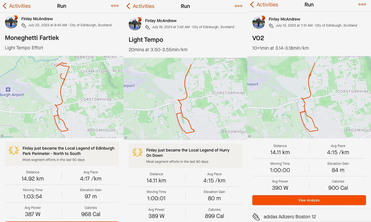Screenshots of 3 Strava runs side by side