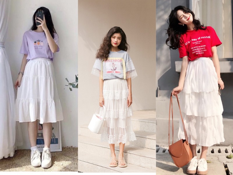 chân váy tầng dài phối áo gì