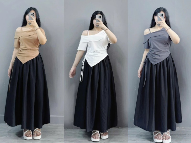 chân váy tầng dài phối áo gì