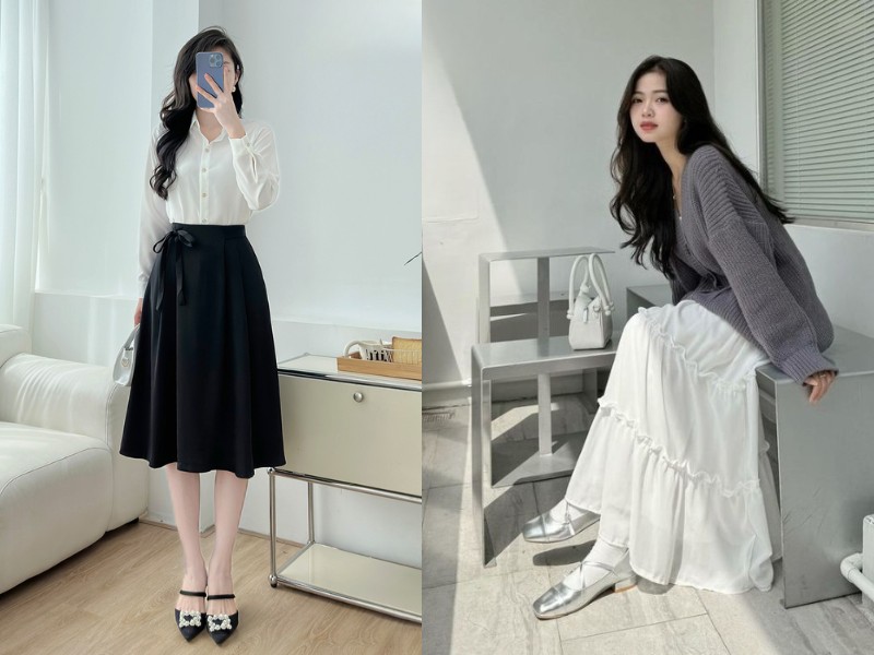 chân váy tầng dài phối áo gì