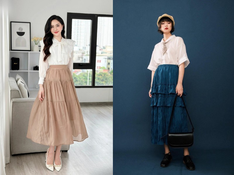 chân váy tầng dài phối áo gì