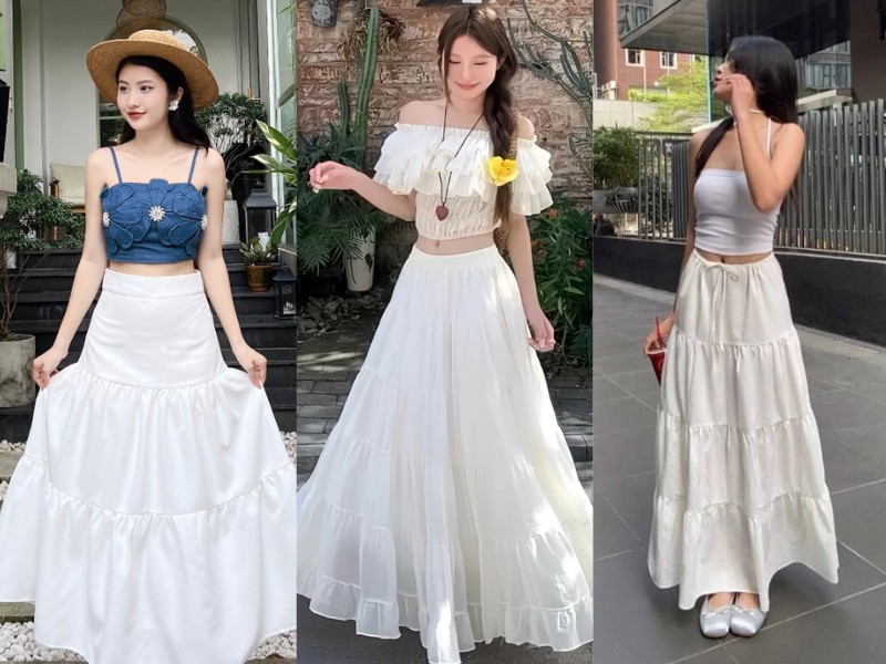 chân váy tầng dài phối áo gì