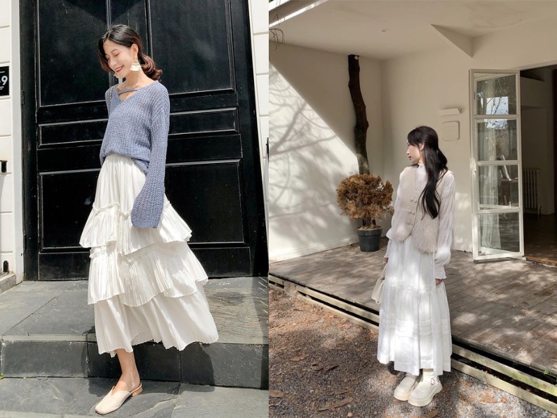 chân váy tầng dài phối áo gì