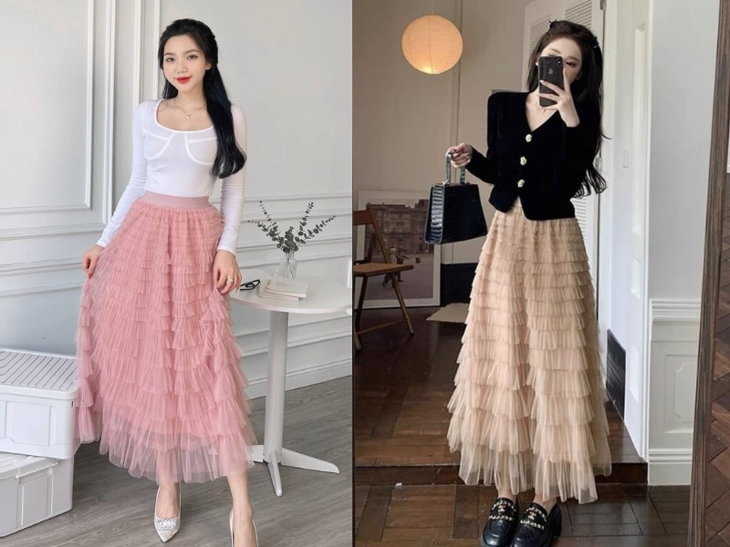 chân váy tầng dài phối áo gì