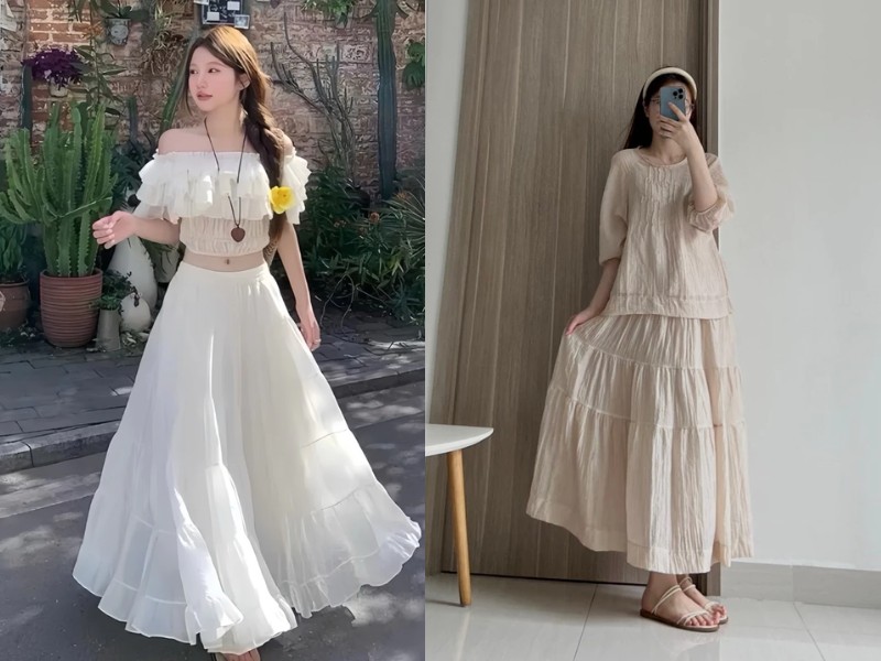 chân váy tầng dài phối áo gì