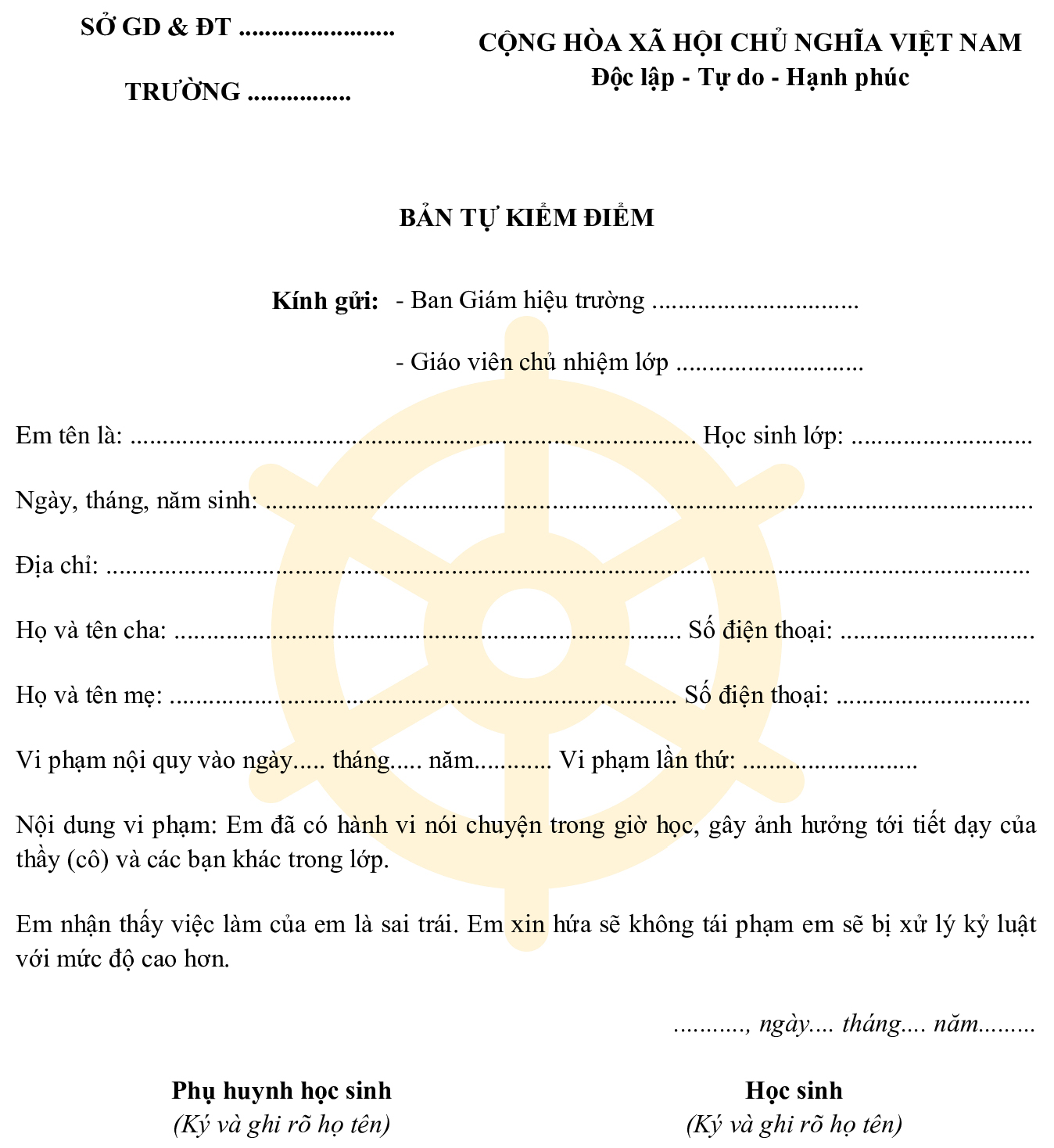 Cách viết bản kiểm điểm nói chuyện trong giờ học