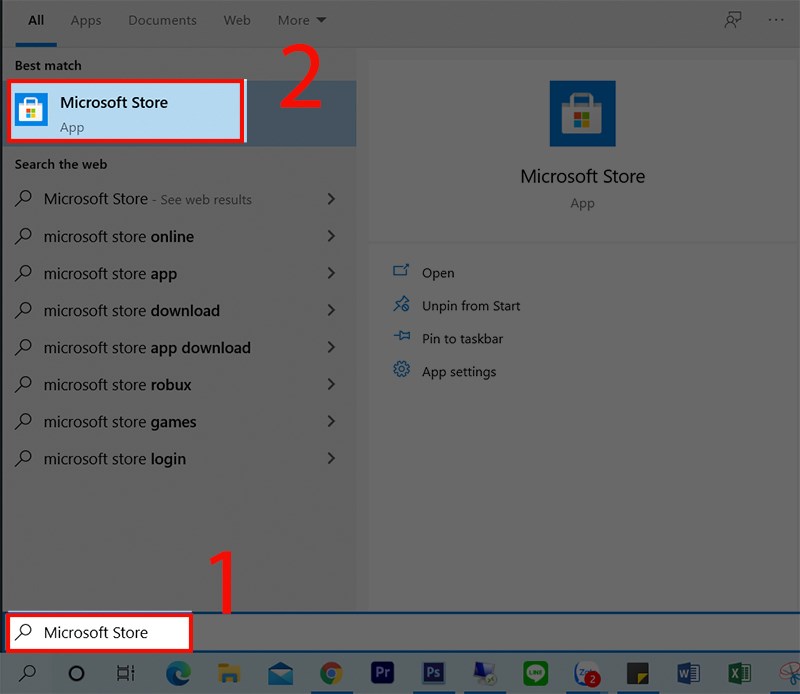 Nhập và chọn Microsoft Store