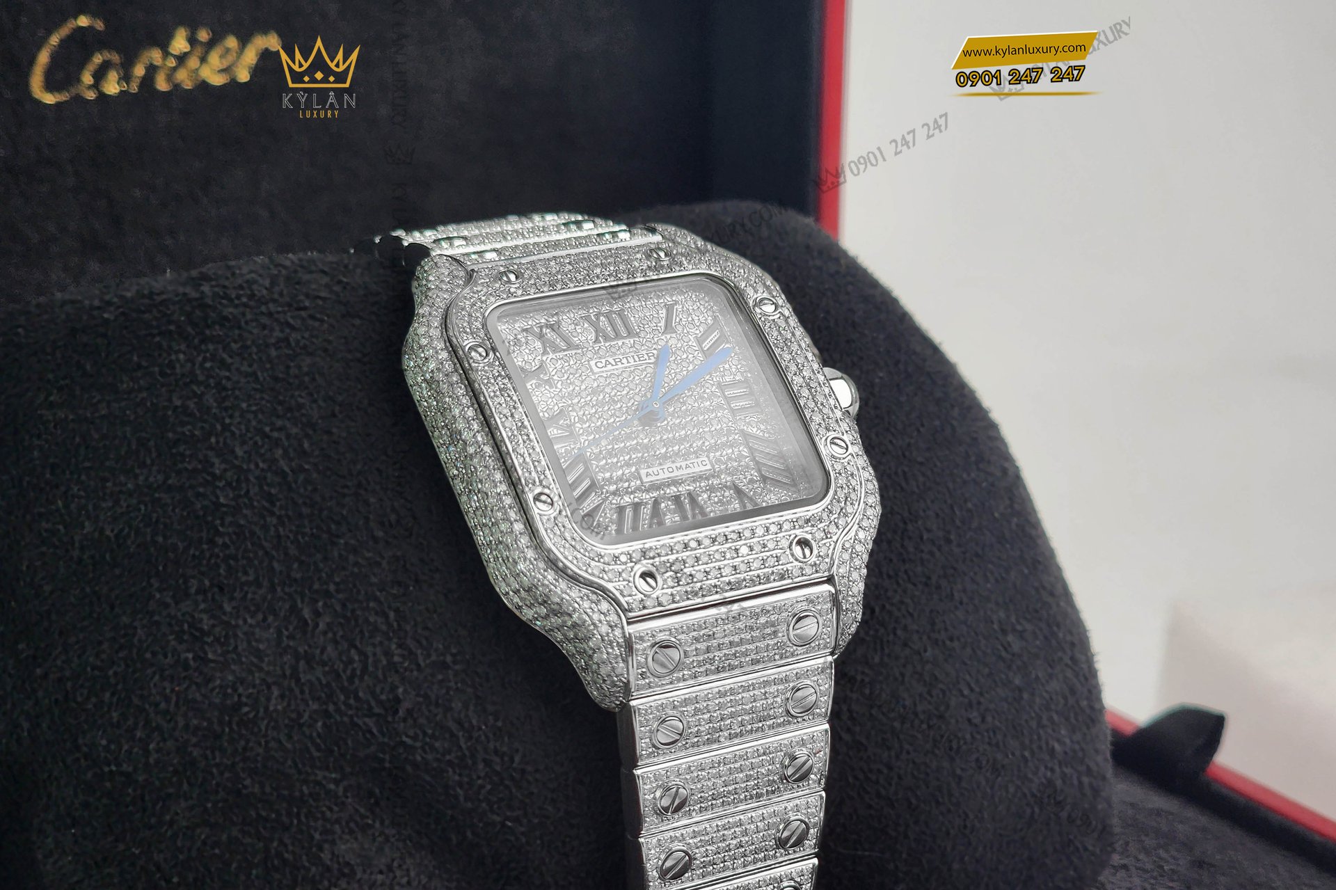 Kỳ Lân Luxury dong ho cartier santos de cartier medium size custom diamond wssa0029 1 Đồng hồ Cartier Santos De Cartier Medium Size Custom Diamond