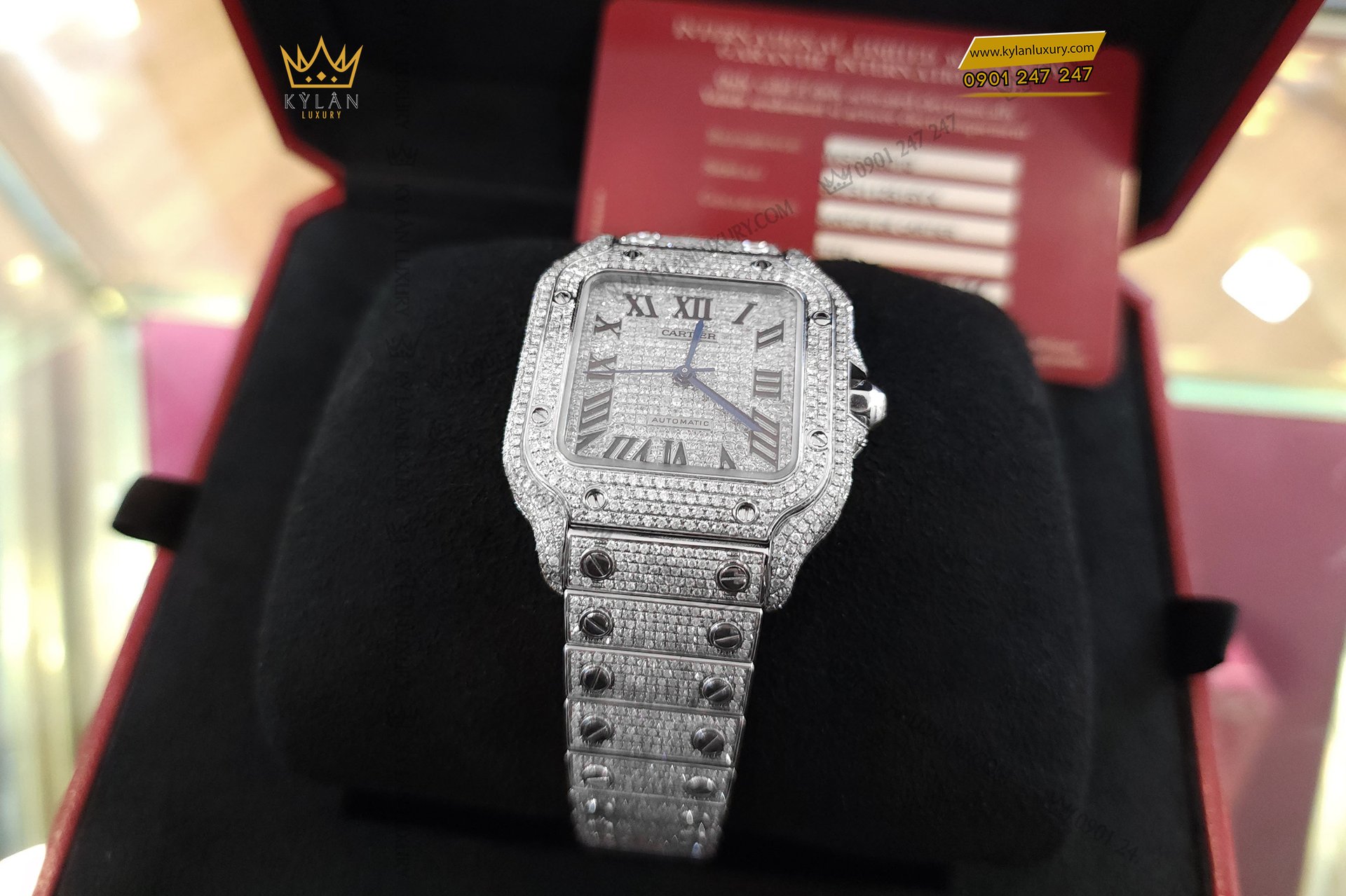 Kỳ Lân Luxury dong ho cartier santos de cartier medium size custom diamond wssa0029 5 Đồng hồ Cartier Santos De Cartier Medium Size Custom Diamond