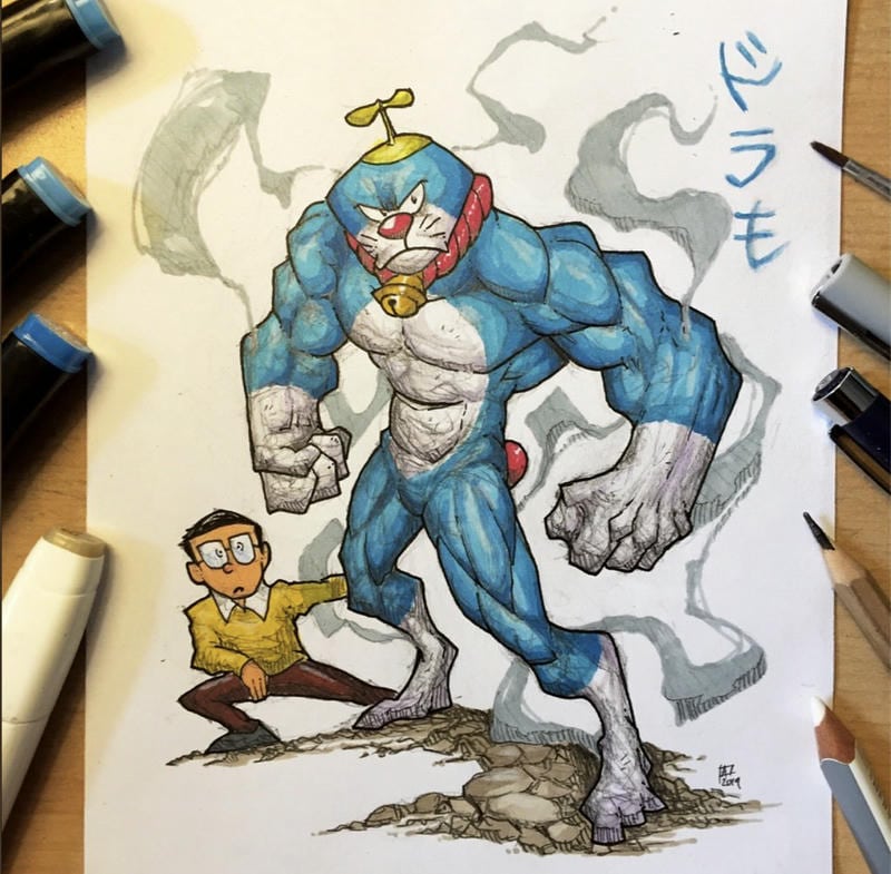 tranh vẽ doremon và nobita cùng ăn