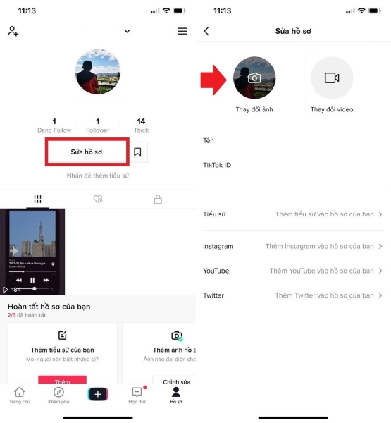 Nhấn sửa hồ sơ để thay đổi avatar
