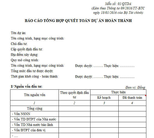Mẫu báo cáo tổng hợp quyết toán dự án hoàn thành