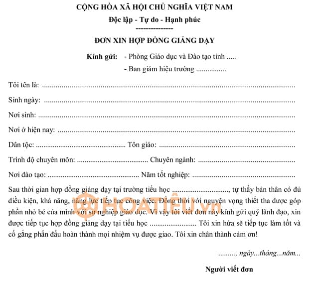 Đơn xin việc giảng, dạy hợp đồng mới nhất