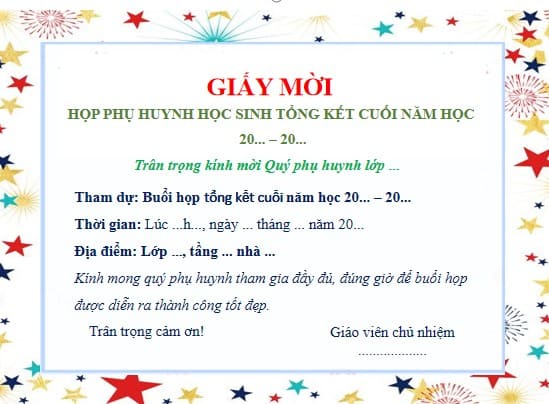 Mẫu Giấy mời họp phụ huynh cuối năm