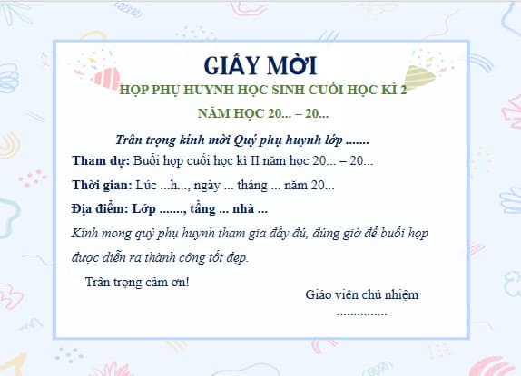 Giấy mời họp phụ huynh cuối năm