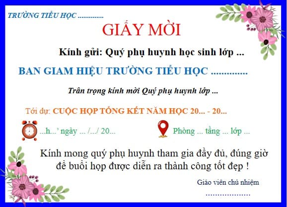Giấy mời họp phụ huynh cuối năm học