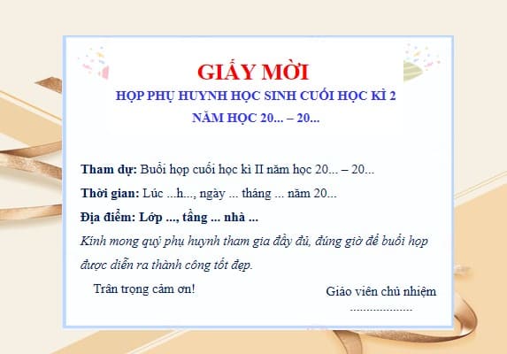 Giấy mời họp phụ huynh cuối năm