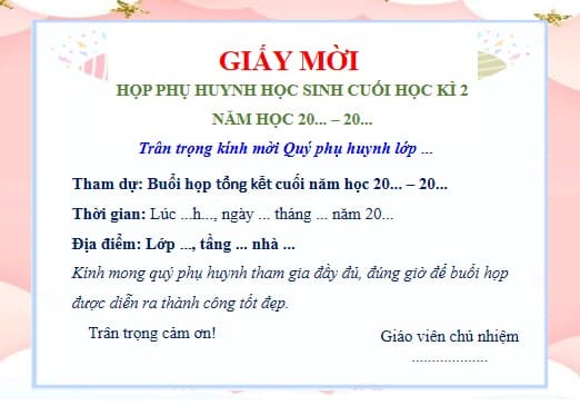 Mẫu giấy mời họp phụ huynh
