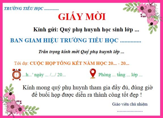 Mẫu Giấy mời họp phụ huynh cuối năm