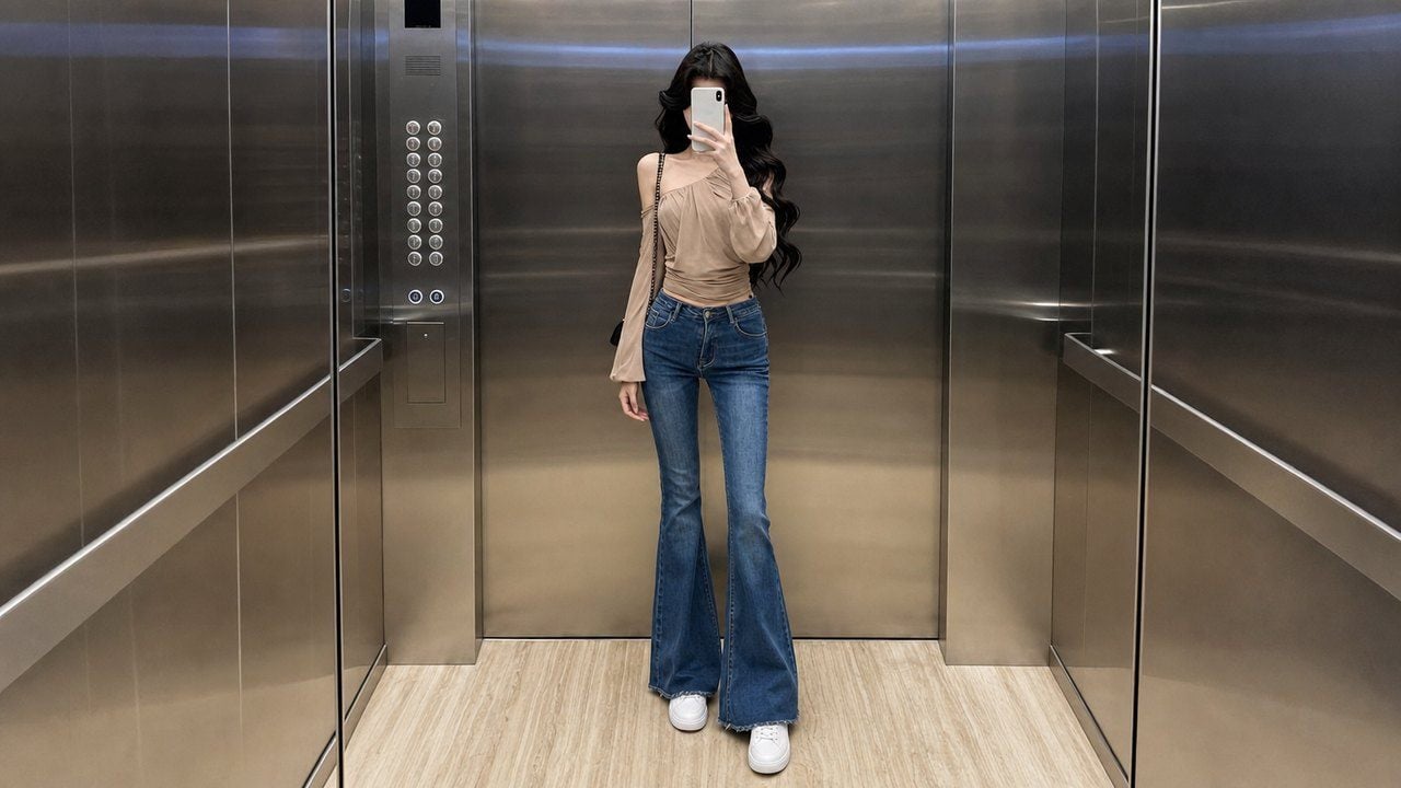 Sneaker đế gọn phối quần jeans ống loe theo phong cách casual