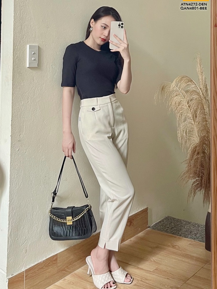 Mẫu quần âu nữ lưng cao ống rộng xẻ tà