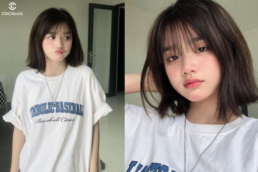 Kiểu tóc nịnh mặt cho nàng mặt tròn, mái thưa mỏng nhẹ giúp gương mặt hài hòa, gọn gàng hơn