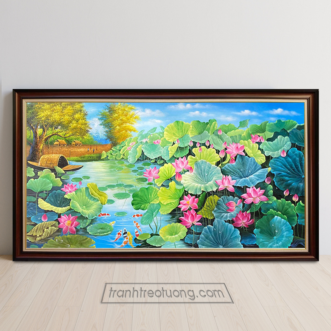 Mẫu tranh treo tường đẹp hình ảnh đầm hoa sen quê hương vẽ bằng sơn dầu THS655
