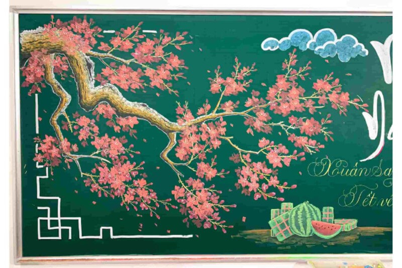 Mẫu trang trí Tết với hoa đào, bánh chưng