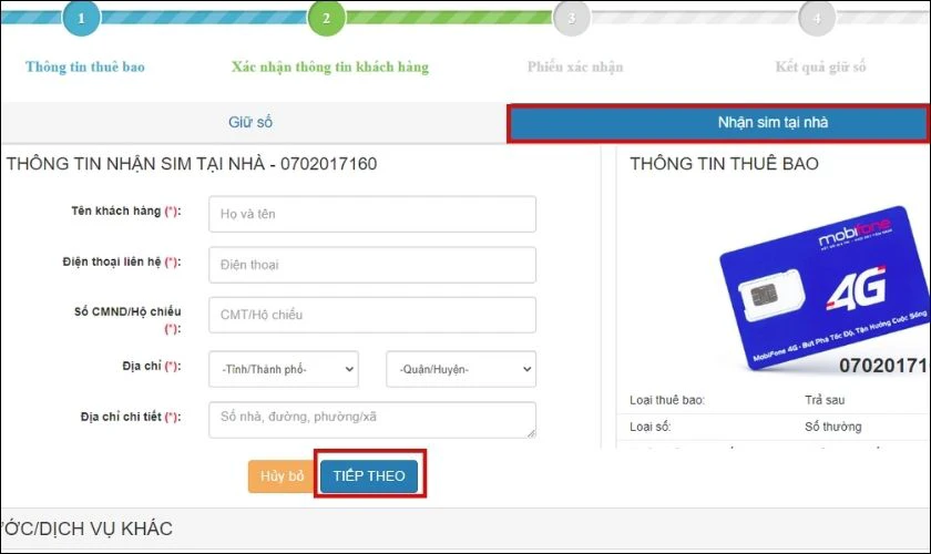 điền thông tin nhận sim