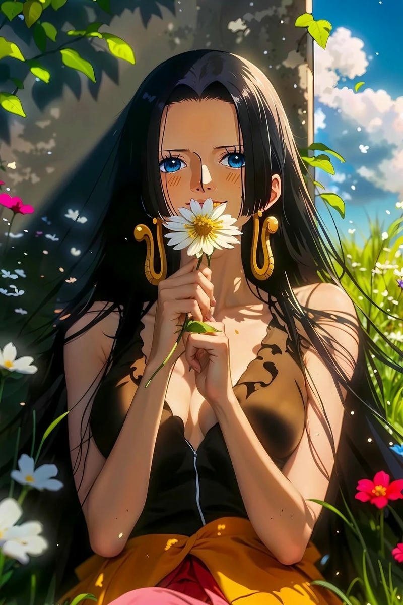 Ảnh Nico Robin cầm bông hoa vàng vẻ đẹp dịu dàng nữ tính