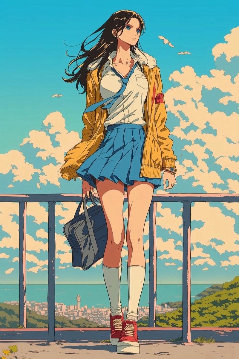 Ảnh Nico Robin mặc quần jean áo thun năng động dạo phố phường