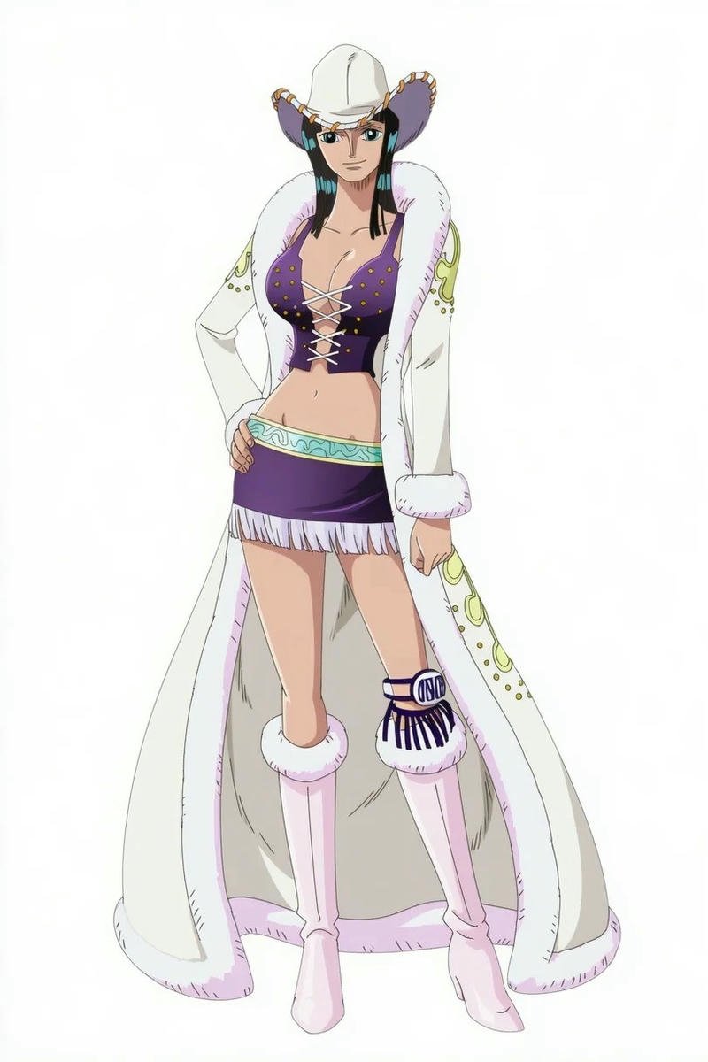 Ảnh Nico Robin mặc váy trắng khoác áo choàng đầy khí chất