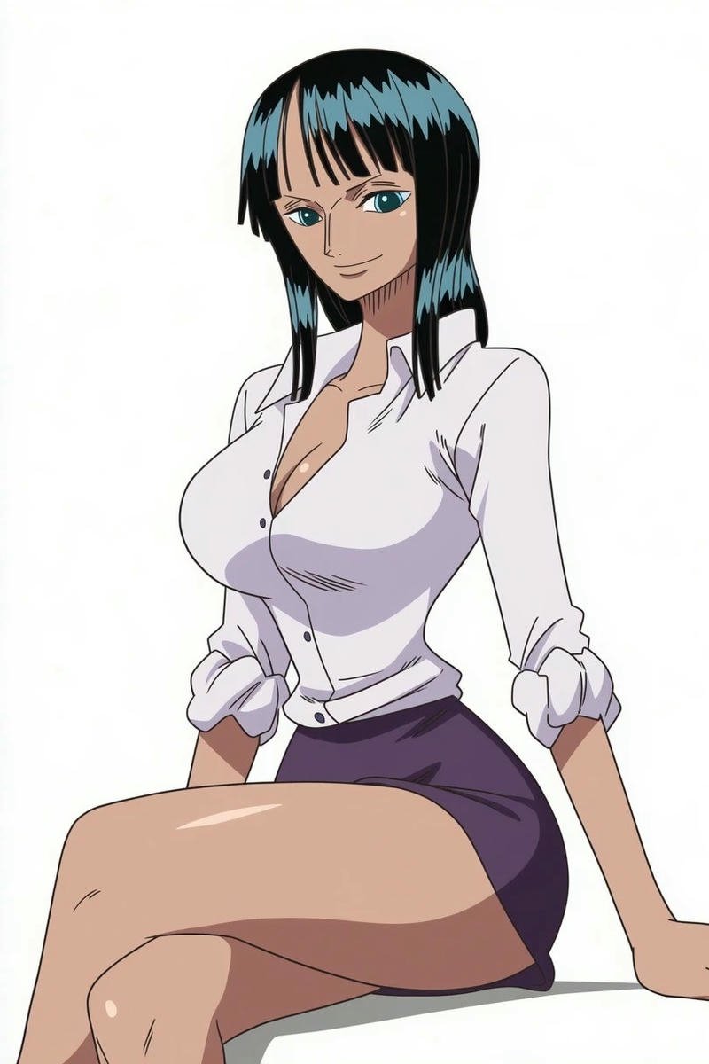 Nico Robin One Piece mặc váy tím áo trắng ngồi quyến rũ
