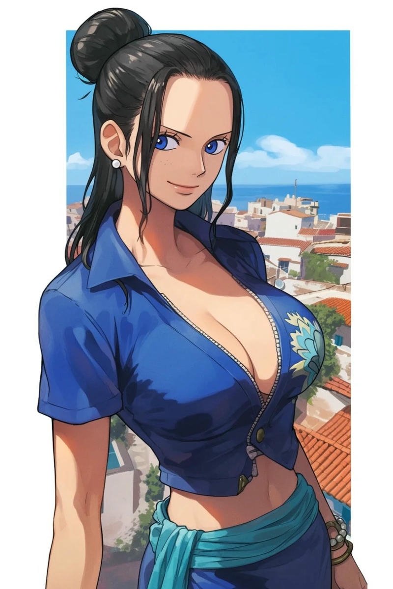 Ảnh Nico Robin đeo kính mát mặc áo xanh phong cách mát mẻ