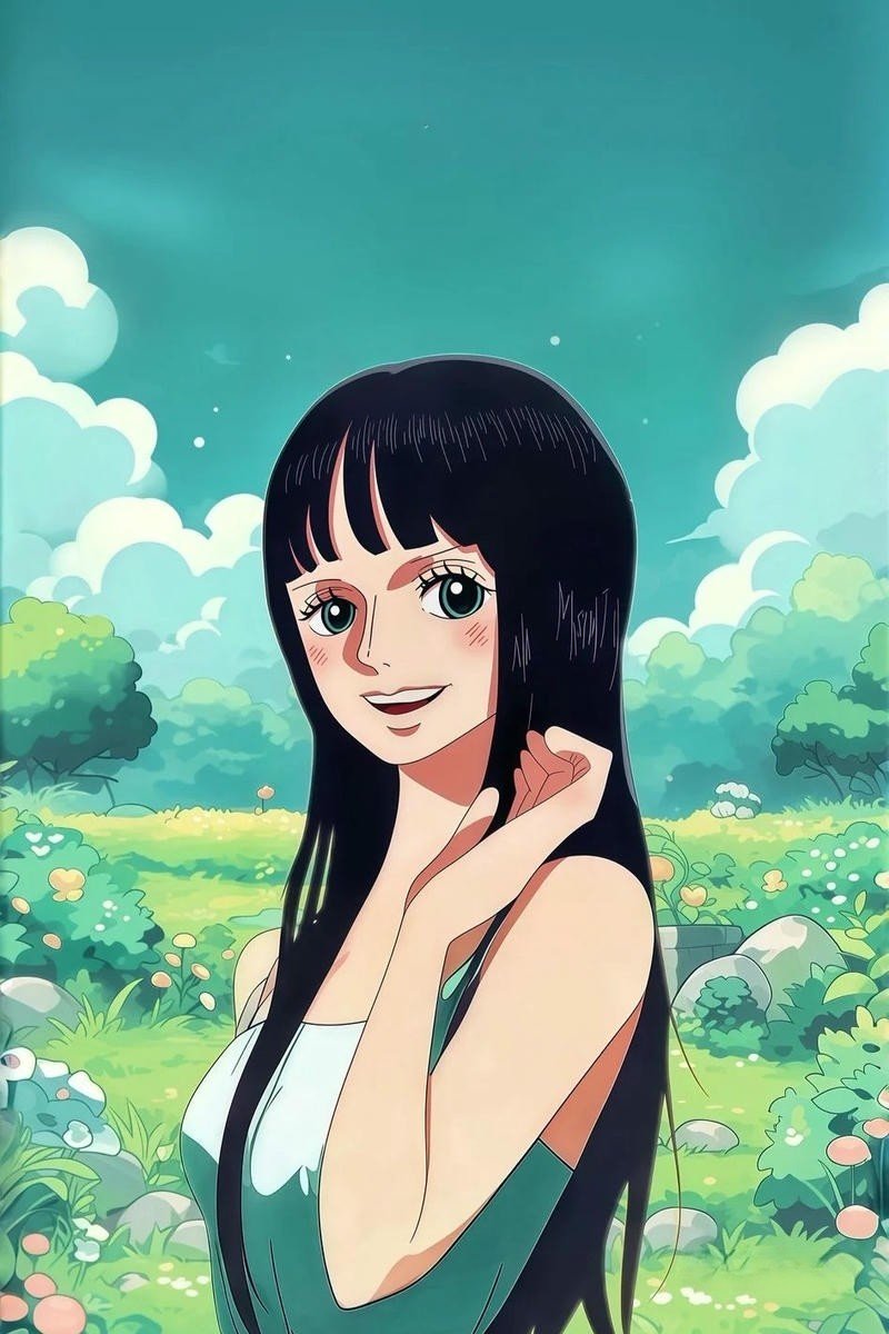 Ảnh Nico Robin lúc nhỏ cười tươi giữa đồng cỏ xanh mướt