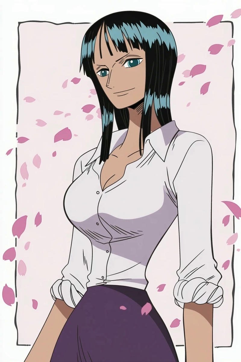 Ảnh Nico Robin áo sơ mi trắng váy tím dáng thanh lịch