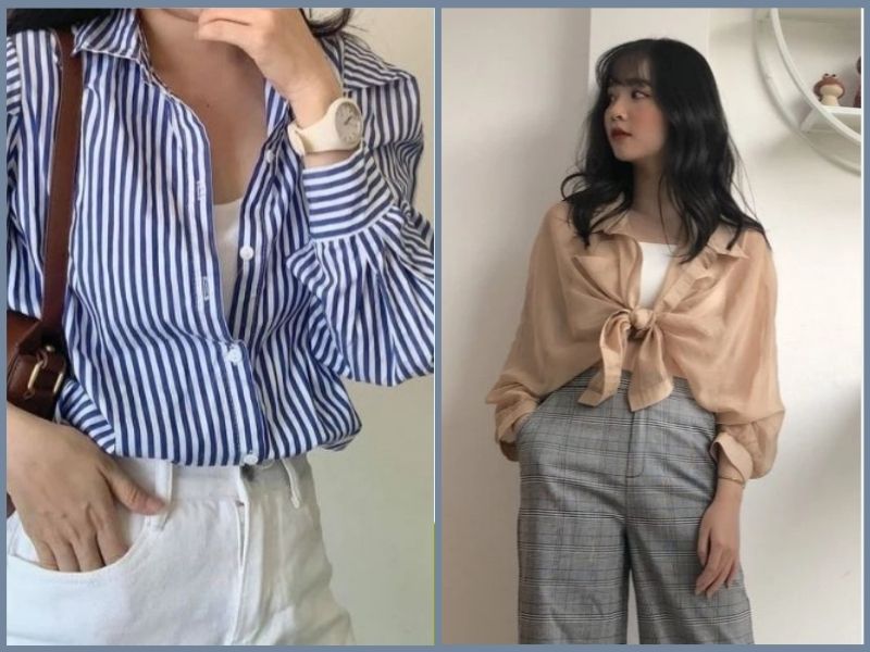 cách phối áo thun với áo sơ mi nữ
