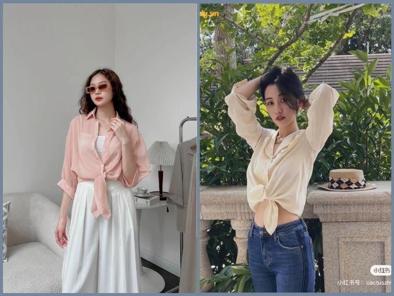 cách phối áo sơ mi và áo thun nữ