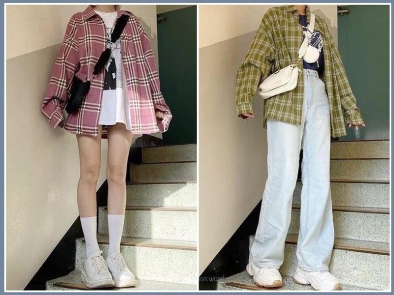 áo thun phối áo sơ mi nữ dài rộng