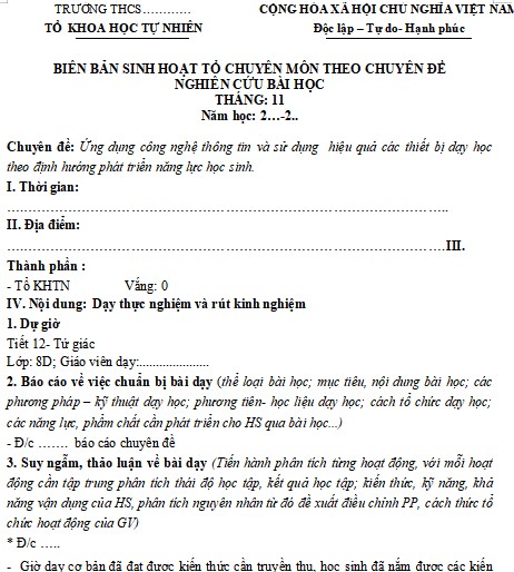 Biên bản sinh hoạt chuyên môn hàng tháng