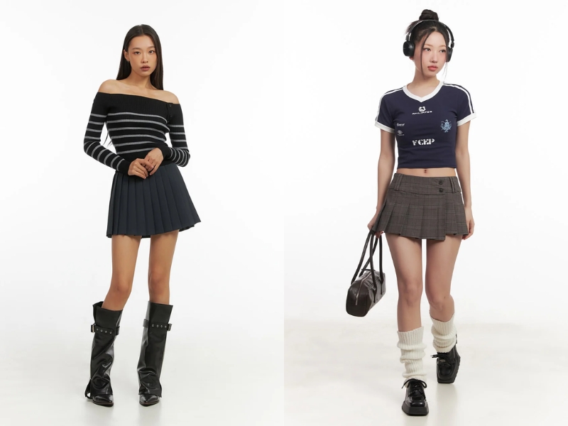 Outfit với chân váy xếp ly ngắn