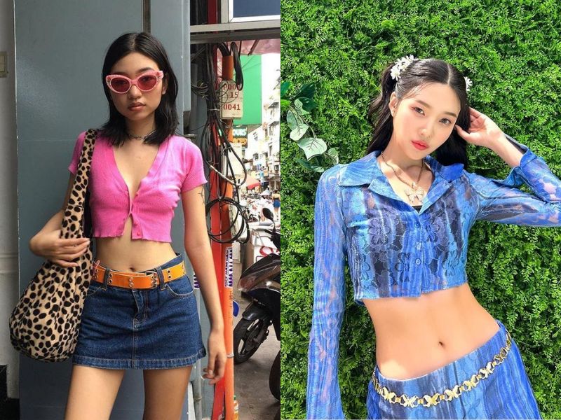 Áo croptop mix chân váy ngắn cạp trễ