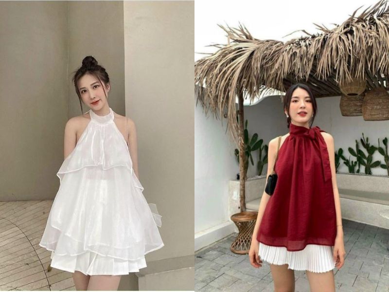 Chân váy ngắn xếp ly phối với áo cổ yếm