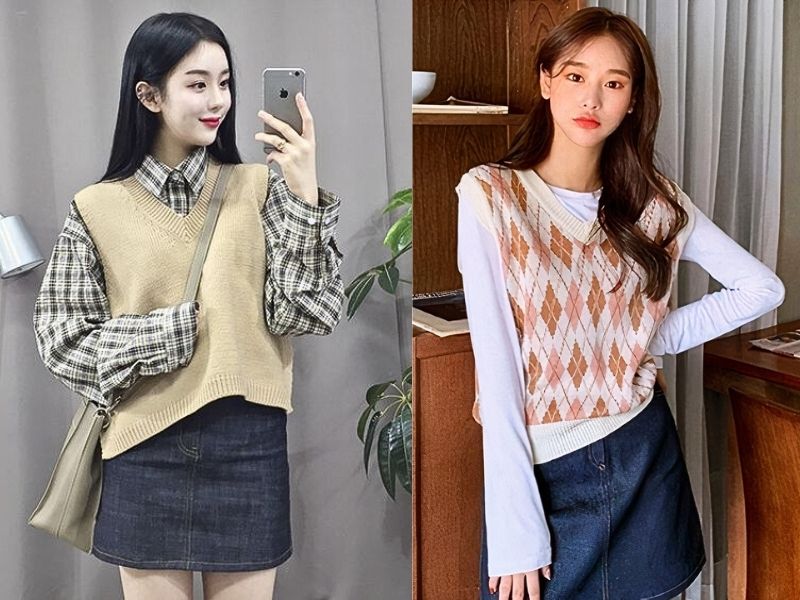 Áo gile phối cùng chân váy ngắn