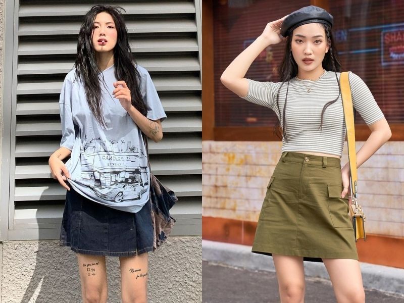Mix áo thun và chân váy chữ A dáng ngắn